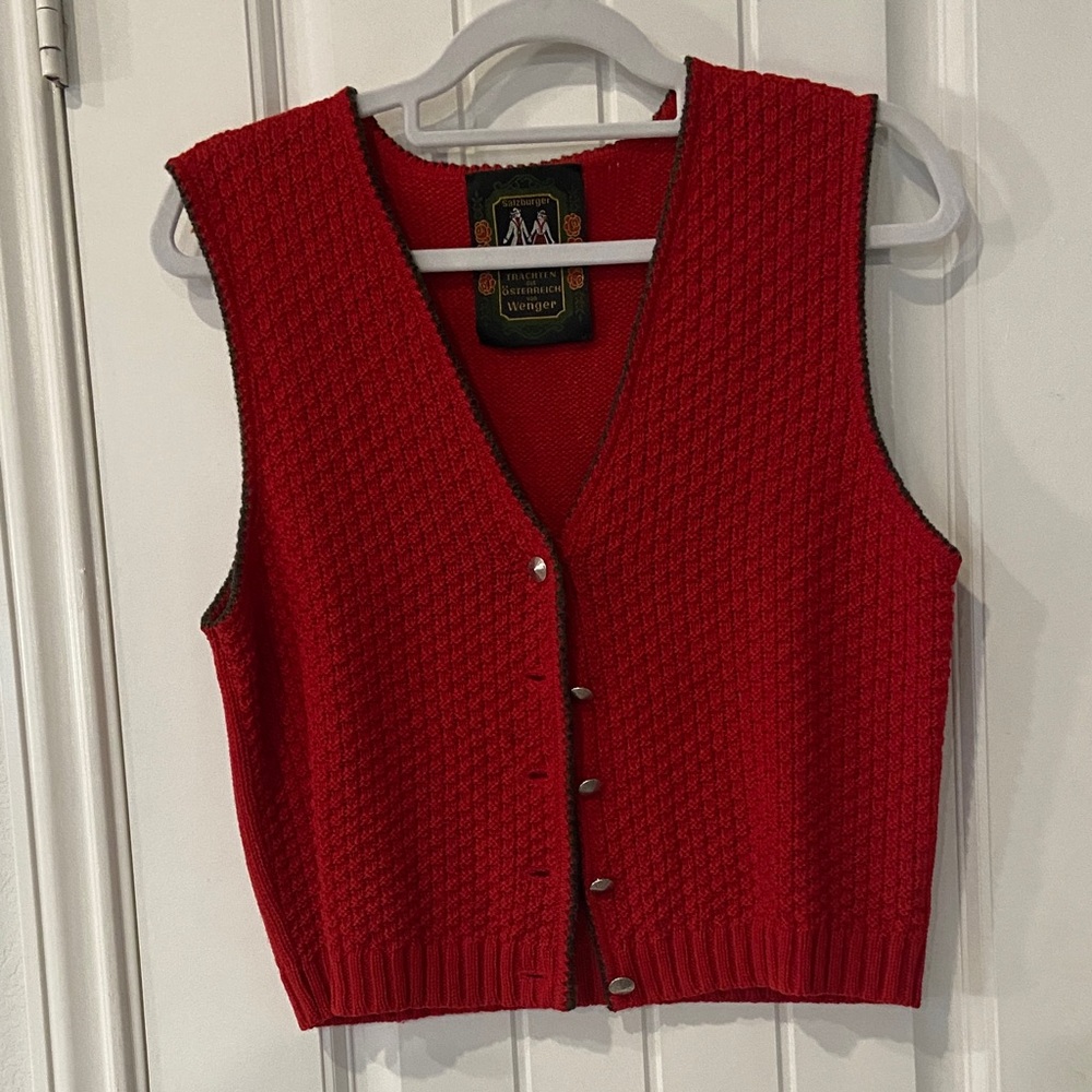 Wenger Red Knit Vest with Embroidered Label underarm to underarm 17 “ length 20”